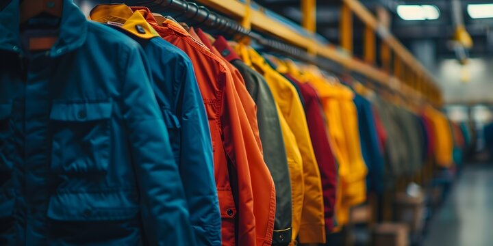 Colorful Eco Friendly Industrial Workwear on Retail Shelves Showcasing Sustainable Manufacturing Apparel
