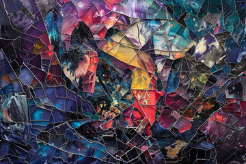 Fragmented shards of reality converging in a chaotic mosaic, reflecting the fractured nature of existence itself. - obrazy, fototapety, plakaty