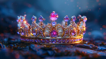 A beautiful and intricate gold crown, adorned with glittering pink and purple gemstones, resting on a bed of smooth purple velvet.