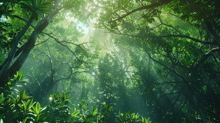 lush green forest canopy with sunlight filtering through, highlighting the beauty of mangrove ecosystems. - obrazy, fototapety, plakaty