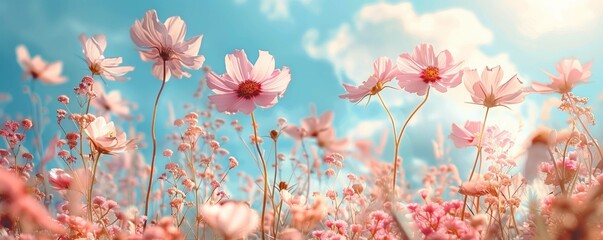 Pastel pink flowers flutter against a blue sky, creating a beautiful spring scene reminiscent of summer wallpaper.