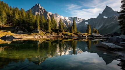 The reflection of a mountain in a calm alpine lake