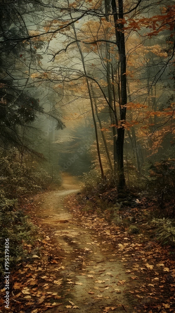 Poster a forest path with trees and leaves on the ground