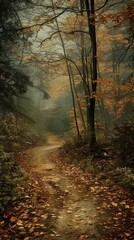 Obraz premium A forest path with trees and leaves on the ground