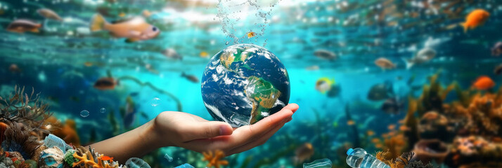 Obraz na płótnie Canvas underwater view of a hand holding the Earth, with plastic bottles floating in water below as pollution continues to increase and sunlight shining on it. sea pollution