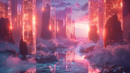 A beautiful landscape with a river flowing through a valley between two large mountains. The mountains are made of red crystals and the river is made of blue water. The sky is a gradient of purple and