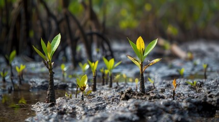Mangrove seedlings growing in nutrient-rich mud, showcasing the resilience and regeneration of coastal wetland habitats.