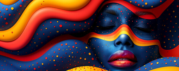 A woman's face is painted with bright colors and has a relaxed expression