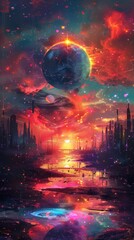 A beautiful painting of a distant planet with a red atmosphere and a large moon. The planet is surrounded by a colorful nebula and there is a city on the surface.