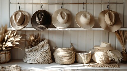 Sweaters and hats on hangers in the interior of a modern home, in the style of boho style, with beige tones