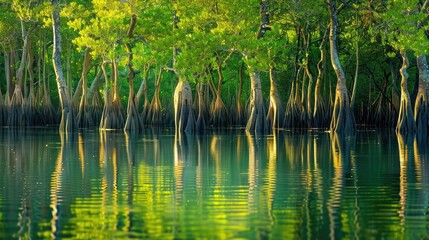 Fototapeta premium Mangrove trees reflected in calm waters, creating a serene and picturesque scene in coastal wetland environments.