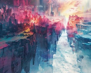 Obraz premium A beautiful painting of a fantasy world with floating islands and a bright sky.