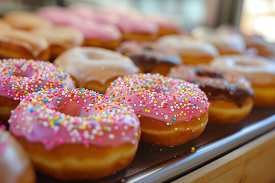 National Donut day. Tray of fairy bread donuts topped with pink frosting and sprinkles. Generative AI - Powered by Adobe