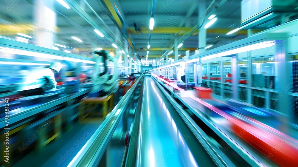 Poster automated factory floor: robotic arms effortlessly assembling electronic devices with speed and