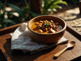 Thai Food Massaman Curry with Chicken and Potatoes in a Wood Bowl