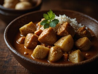 Thai Food Massaman Curry with Rice in a Wood Bowl