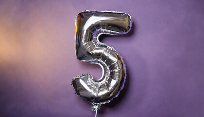 Banner with number 5 silver balloon. Five years anniversary celebration. Purple background.