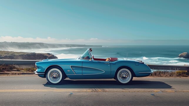 Fototapeta A stunning vintage convertible car parked along a picturesque coastal highway, with the expansive blue ocean as the perfect backdrop.