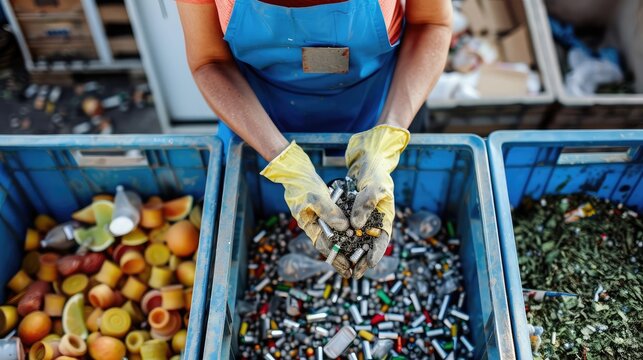 person sorting recyclable materials into separate bins, showcasing eco-friendly waste management practices.