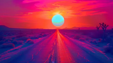 Fotobehang A surreal, colorful desert landscape with a straight road leading toward a stunning, large sun. © vadymstock