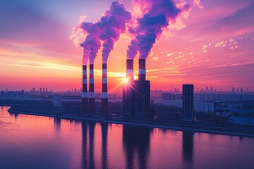 Factory With Smoke Stacks at Sunset