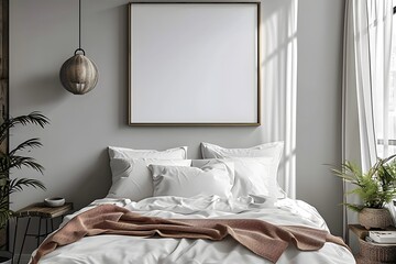 large square plain white poster mockup template in the bedroom with natural sunlight