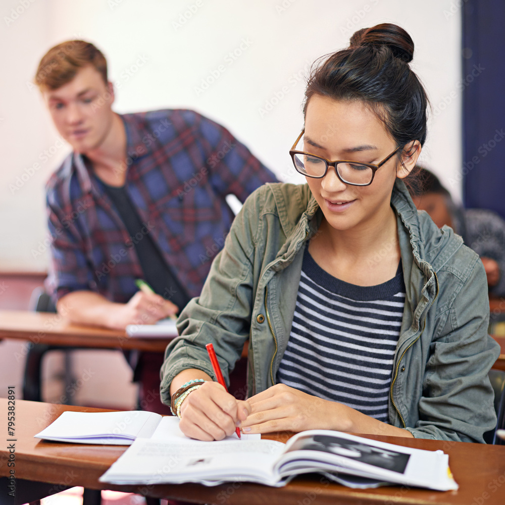 Poster classroom, student and writing with smile in university for answer, information and education. colle