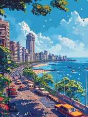 marine drive mumbai india, long shot, epic composition, noon time, sunny day with no clouds, illustration, vibrant colors, anime - obrazy, fototapety, plakaty