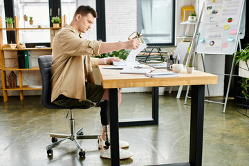 A handsome businessman with a prosthetic leg working diligently at his desk.