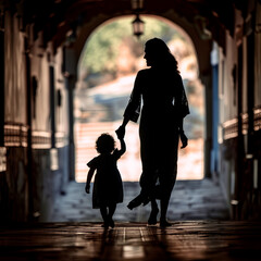 Silhouette of Mother and Child Walking Hand in Hand
