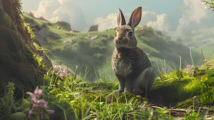 Rabbit Hobbit, standing proudly in the shire, rabbit on the grass - obrazy, fototapety, plakaty