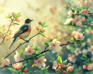 Obraz premium Poster design, spring scenery, flowers, green trees, sunny, birds singing cheerfully on branches 8k