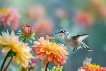 Fototapeta premium Close up of a hummingbird sipping nectar from a flower, showcasing the intricate relationships in nature