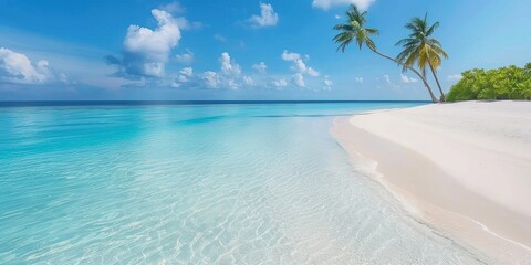 Luxurious tropical landscape. White sand with palm trees and azure sea. A heavenly place to relax....