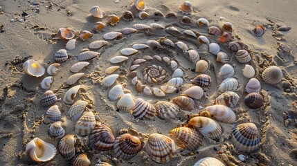 Seashells arranged in a spiral pattern on sandy shores, capturing the essence of natural beauty in the summertime.