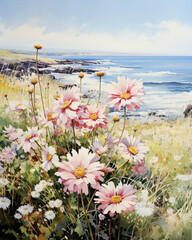 Beautiful summer landscape with pink flowers on the seashore, watercolor illustration - 795383442