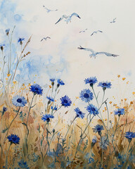 meadow with blue cornflowers, watercolor painting