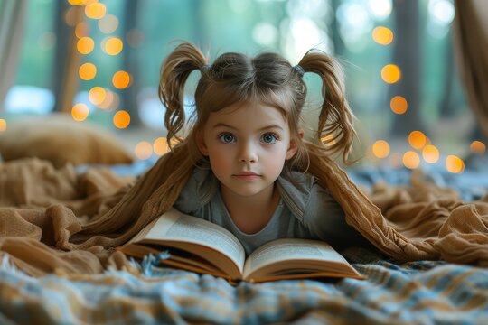 Enthralled young girl reads a book in a bed illuminated by magical fairy lights, evoking wonder and imagination