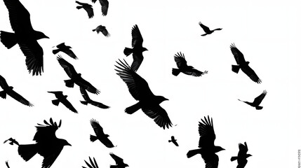 Flock of Birds Flying: Black Silhouettes on White Background