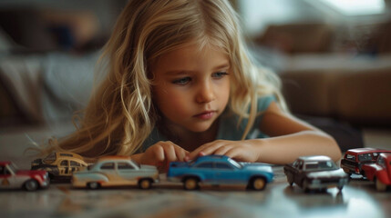 Little girl playing with toy cars