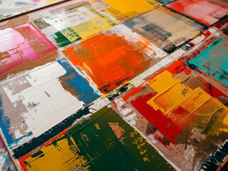 A canvas of different colored squares painted in thick oil paint.
