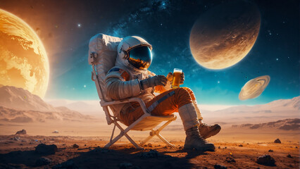 An astronaut relaxing in an alien planet with beer 