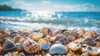 Fototapeta na wymiar Seashells strewn across the shoreline, creating a picturesque scene against the backdrop of a clear blue sky in the summer.