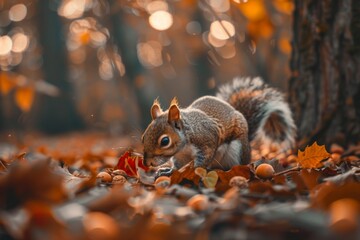 Close up of a squirrel foraging for acorns in a forest, showcasing the role of small mammals in...