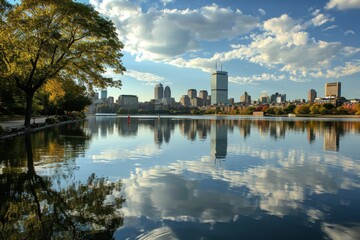 Naklejka premium Beauty of Boston skyline mirrored on tranquil water, Ai generated