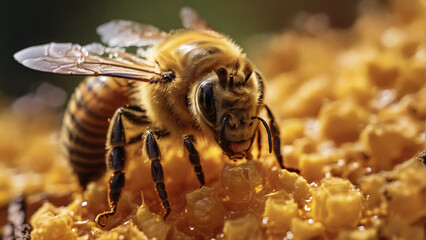Close up of a honeybee on honeycomb 