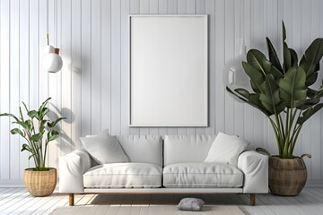 A white couch with a large blank poster in front