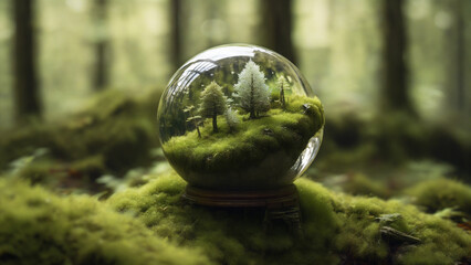 Glass globe in the woods, an earth day concept