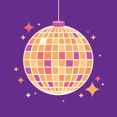 Vector illustration of mirror shiny disco ball with stars. Party night club concept in flat style.