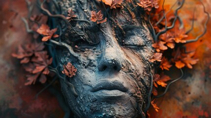 A clay sculpture of a woman's face with autumn leaves and vines growing out of it